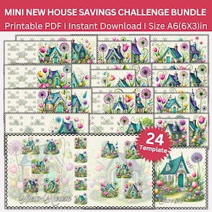 Könnte beinhalten: Ein druckbares PDF-Bundle mit 24 Vorlagen für eine Mini-Spar-Challenge für ein neues Haus. Die Vorlagen zeigen farbenfrohe Illustrationen von skurrilen Häusern mit floralen Akzenten. Die Größe ist A6 (15,24 cm x 7,62 cm).