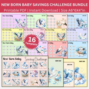 Könnte beinhalten: Ein Bundle mit druckbaren PDF-Spar-Challenges für ein Neugeborenes. Das Design zeigt Illustrationen von Störchen, Babys und Baby-Artikeln. Der Text enthält "New Born Baby Savings Challenge Bundle" und "16 Template". Größe A6, 15.24cm x 10.16cm.