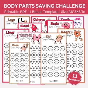Body Parts Savings Challenge Printable Bundle, A6 Self Care Saving Challenges Tracker, Cash Envelopes, Money Savings, Health Budget Binder