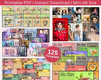 Puede incluir: Un paquete de descarga digital de 125 plantillas de desafío de ahorro imprimibles en tamaño mini A6. Las plantillas presentan varios diseños, incluyendo temas de hora del té, elegantes y florales. El texto "The Ultimate Savings Challenge Bundle" está en la parte superior de la imagen.