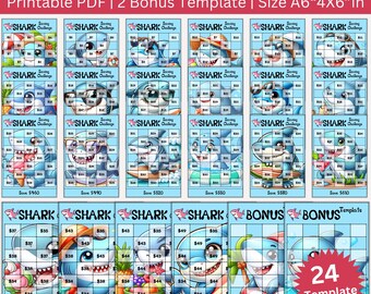 Cute Shark Savings Challenge Printable Bundle, Get Your Shark Fish Saving Challenge, Shark Cash Envelope Budget Binder Tracker for Budgeting
