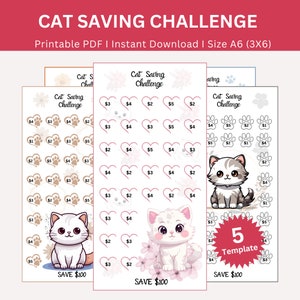 Op de afbeelding: Printbare katten spaaruitdaging kaart met 5 sjablonen. Elke kaart heeft een schattige cartoonkat en harten met dollarbedragen om besparingen bij te houden. De kaarten zijn ontworpen om je te helpen $ 100 te sparen.