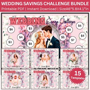 May include: A wedding savings challenge bundle with printable PDF and instant download options. The design features a couple kissing, floral accents, and various savings templates. The size is A6, 5.8x4.1 inches.
