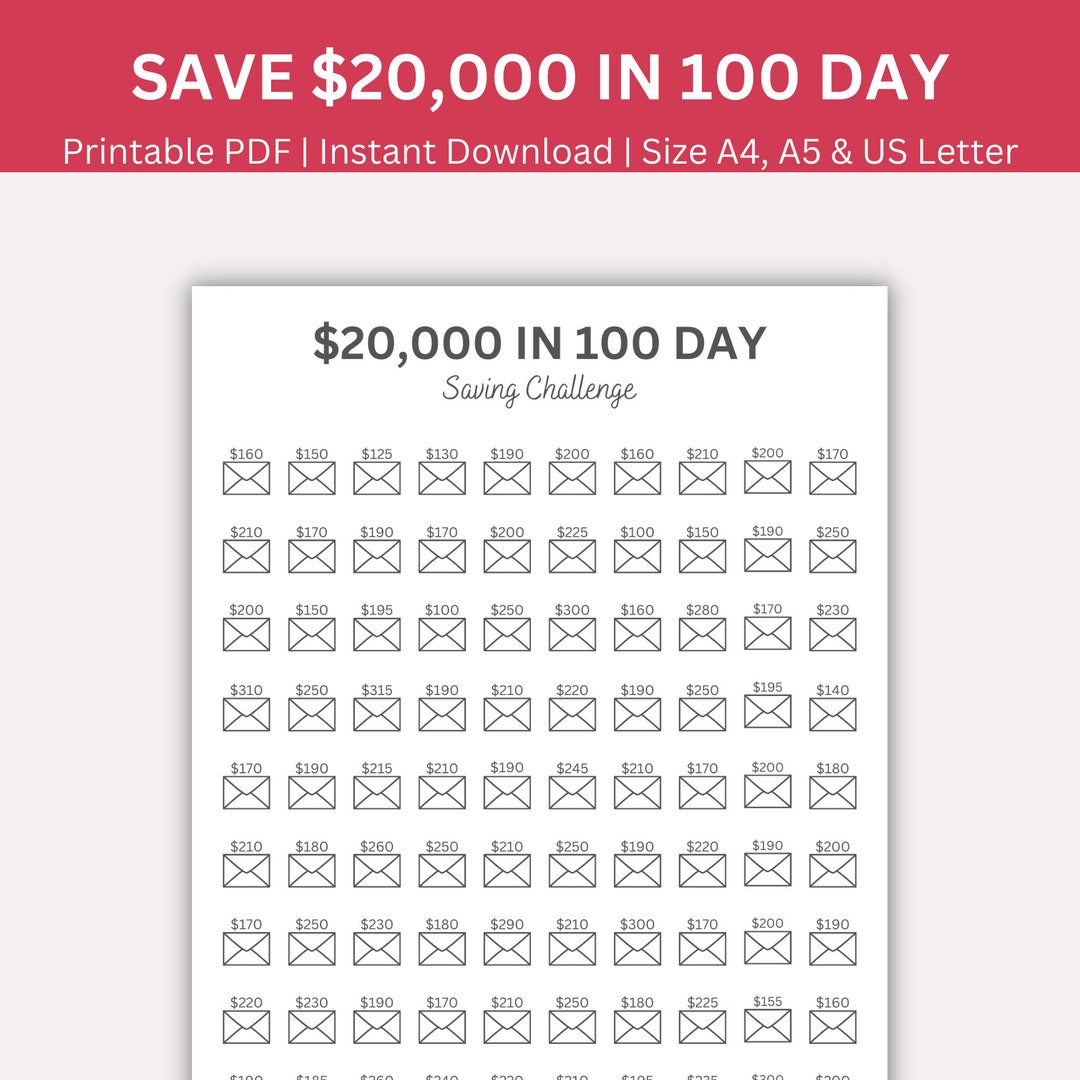20000 Savings Challenge Printable, 20,000 Savings Challenge, 100