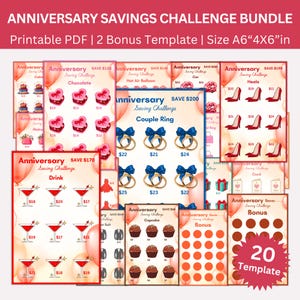 May include: A set of 20 printable anniversary savings challenge cards. The cards feature different themes, such as a couple ring, a cupcake, and a drink. Each card has a grid of circles with dollar amounts listed in each circle. The cards are designed to help couples save money for their anniversary.