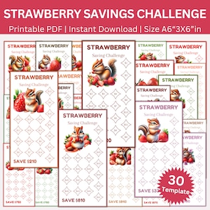 Mini A6 Strawberry Savings Challenge Printable Bundle, Strawberry Squirrel Saving Challenges, Money Tracker, A6 Budget Binder Cash Envelope