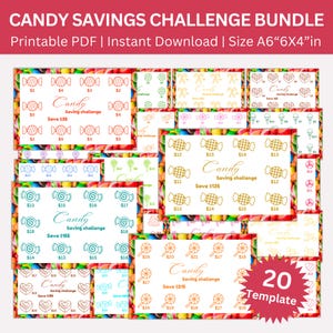 May include: A printable PDF bundle of 20 candy-themed saving challenge charts. Each chart features a different candy design and a goal amount to save, ranging from $35 to $215. The charts are designed in a colorful and fun style, perfect for motivating kids to save money.
