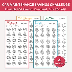 May include: Four printable A6 (3x6 inch) templates for a car maintenance savings challenge. Each template features a different category: repairs, oil change, tires, and battery. Each template has a savings goal and a grid of 36 icons with corresponding dollar amounts.