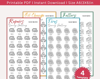 May include: Four printable A6 (3x6 inch) templates for a car maintenance savings challenge. Each template features a different category: repairs, oil change, tires, and battery. Each template has a savings goal and a grid of 36 icons with corresponding dollar amounts.