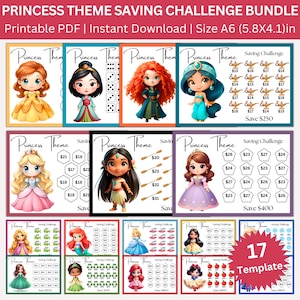 Puede incluir: Un conjunto de plantillas de desafíos de ahorro con temática de princesas, imprimibles en PDF y descarga instantánea. Cada plantilla presenta una ilustración de princesa y un objetivo de ahorro. Tamaño A6, aprox. 14,7 x 10,4 cm.
