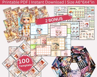 May include: A set of 100 printable savings challenge cards featuring various themes, including fairies, princesses, and Halloween. The cards are designed to help people save money and reach their financial goals. The cards are 6 inches by 4 inches and are available for instant download.