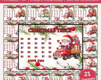 May include: A Christmas-themed saving challenge bundle with a red truck driven by Santa Claus. The printable PDF includes multiple templates with various amounts to save, with a goal of saving $100. The size is A6 (4.1x5.8)in.