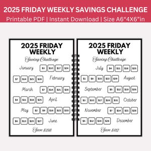 2025 Friday Weekly Savings Challenge Printable, 2025 Friday Monthly Savings Challenge | Printable PDF, 2025 Saving Tracker
