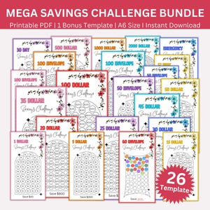 Può includere: Un set di 26 modelli di sfida di risparmio stampabili in formato A6. I modelli presentano buste colorate con importi in dollari diversi e un design floreale. Il testo "MEGA SAVINGS CHALLENGE BUNDLE" è in alto nell'immagine.
