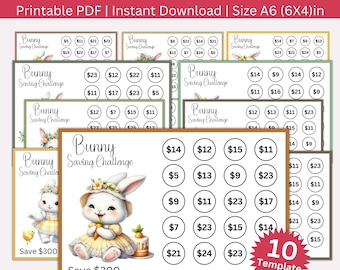 May include: Ten printable bunny-themed savings challenge charts. Each chart features a cute bunny illustration and a grid of 16 circles with dollar amounts ranging from $5 to $24. The charts are designed to help people save money and reach a goal of $300.