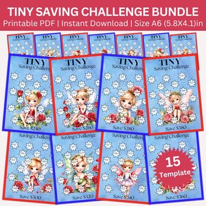 May include: A collection of A6-sized printable saving challenge templates. Each template features a fairy illustration, star-shaped boxes, and the text "Tiny Saving Challenge." The bundle includes 15 templates with savings goals.