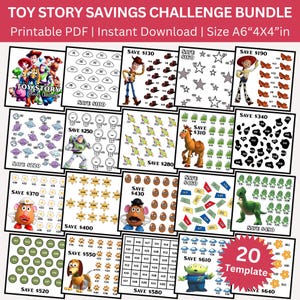 May include: A collection of 20 printable Toy Story savings challenge templates. Each template features a different character or theme from the movie, with amounts to save ranging from $100 to $640. The text reads "Toy Story Savings Challenge Bundle".