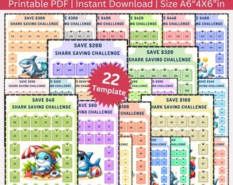 Mini Shark Savings Challenges Printable Bundle, Digital Shark Budget Challenge PDF, Shark Cash Envelope Budget Binder Tracker for Budgeting