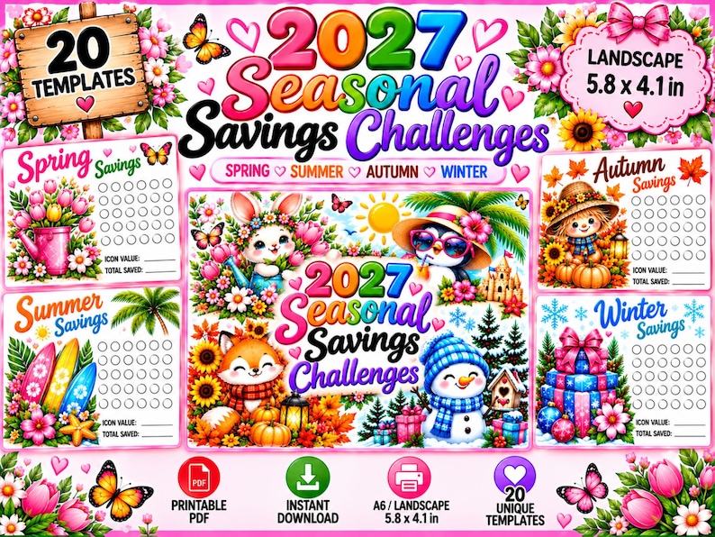 2027 Seasonal Savings Challenge Printable, 20 Spring Summer Fall Winter ...