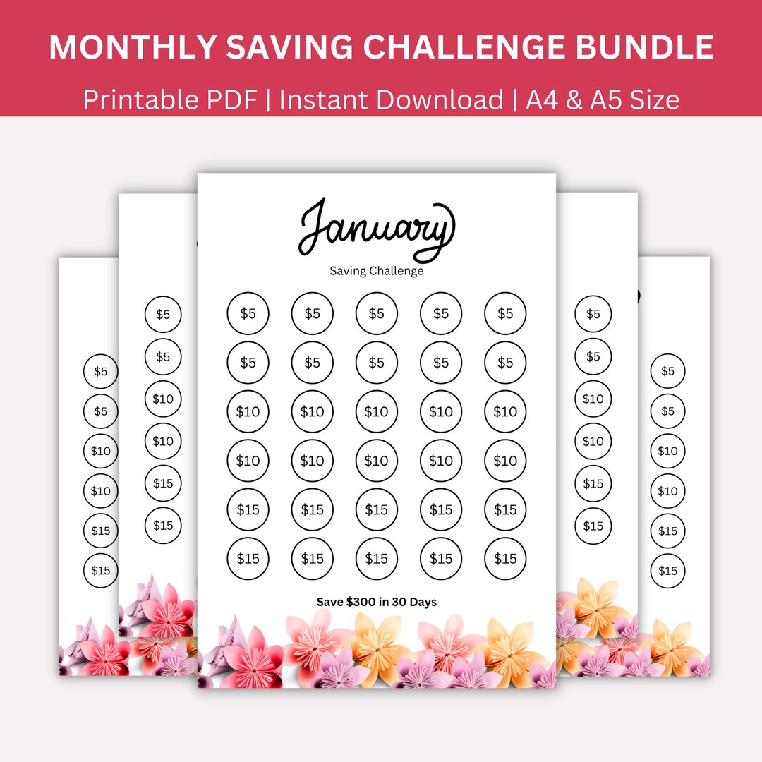 Monthly Savings Challenge Printable, Monthly Budget Printable, 12