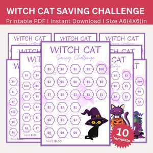 Witch Cat Savings Challenge Printable, witch&#39;s helper kitty saving challenge, Mini Cat A6 Size Saving Challenge, Cute Cats Saving Challenge