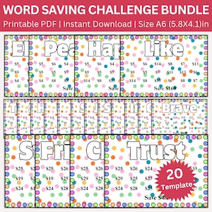 May include: A printable PDF word saving challenge bundle with colorful polka dot borders. The bundle includes 20 templates with words like "El", "Pea", "Har", "Like", "Brave", "Trust", and more. The size is A6 (5.8x4.1)in.