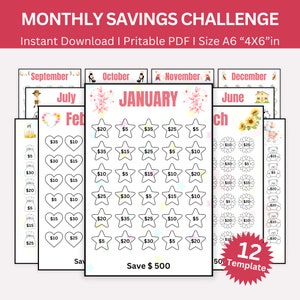 Monthly Savings Challenge, 12 Month Savings Challenge Printable, Money Saving Tracker, A6 Mini Saving Challenge Printable, Set Of 12