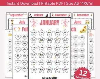 Monthly Savings Challenge Printable: A6 Tracker, Set of 12 (Digital Download)