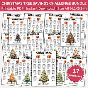 May include: A bundle of 17 printable Christmas tree savings challenge templates. Each template features a Christmas tree graphic with gift boxes and dollar amounts. The bundle is available for instant download in A6 size (4.1x5.8 inches).