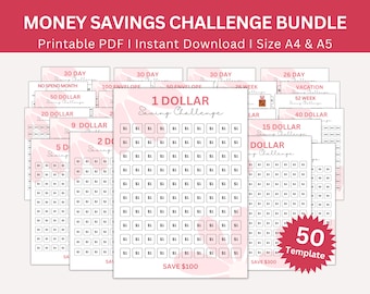 Money Saving Challenge Printable Bundle, Money Savings Tracker, Cash 100 Envelope Challenge, Budget Binder, Budget Planner