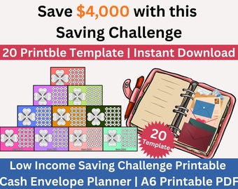 Low Income Savings Challenges Printable, Save 4000 MoneyTracker, A6 Cash Envelope Budget Planner PDF, Easy Budget Printable Bundle