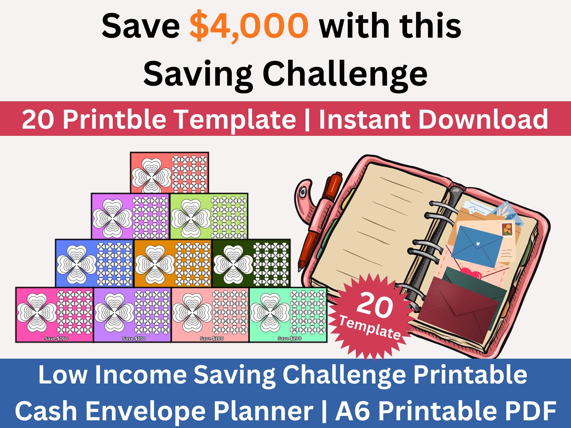 Low Income Savings Challenges Printable, Save 4000 Moneytracker, A6 ...