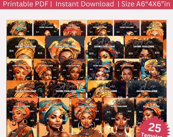May include: A set of 25 printable self-care savings challenge cards. Each card features a colorful illustration of a woman wearing a head wrap and a different dollar amount. The cards are designed to help people save money for self-care.