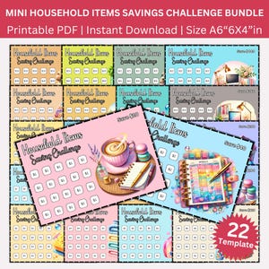 May include: A set of 22 printable household item savings challenge cards. The cards are designed with colorful illustrations and feature a variety of themes, including coffee, books, and rainbows. Each card has a grid of squares with dollar amounts to track savings.
