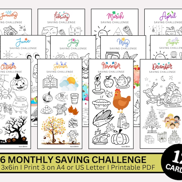 A6 Monthly Savings Challenge Printable, Savings Challenge Printable, A6 Mini Savings Challenge Trackers, Money Saving Challenge,Set Of 12