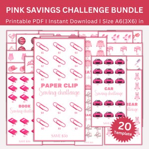 Op de afbeelding: Een set van 20 printbare roze spaaruitdagingssjablonen. Elke sjabloon heeft een ander roze themabeeld, zoals een auto, een boek, een beer en een paperclip. De sjablonen zijn ontworpen om kinderen te helpen leren over sparen.
