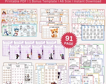 May include: A printable PDF bundle of 91 cat-themed savings challenge charts. The charts feature various cat illustrations and designs, including a witch cat, a cowboy cat, and a cat wearing a Santa hat. The charts are designed for use as a visual aid to help people save money.