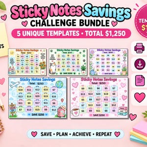 May include: A digital savings challenge bundle featuring five unique A6 size templates with colorful sticky note designs. Each template includes various dollar amounts to track progress, with text including Sticky Notes Savings, 5 Templates, Total $1,250, Printable PDF, Instant Download, and Save Plan Achieve Repeat.
