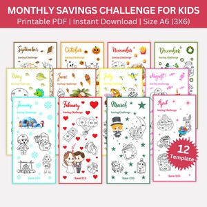 Monatliche Kinder Spar-Challenge druckbar, A6 Kind Mini Spar-Challenges, Kinder Spar-Tracker, druckbares Spar-Challenge-Bundle für Kinder