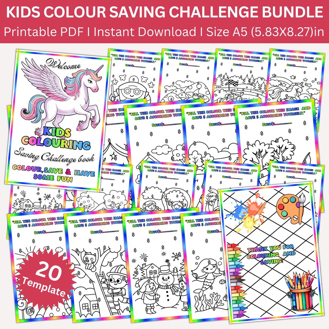 Kids Colouring Saving Challenge Book, 20 Printable PDF Pages, Fun Money