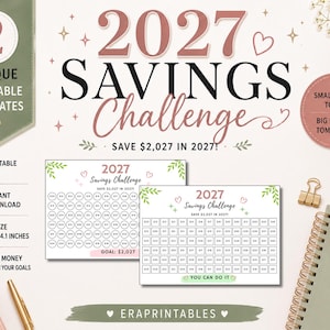 Può includere: Due modelli stampabili per la sfida di risparmio 2027 in formato A6 di 14,8 x 10,5 cm con testo nero e dettagli a forma di foglia verde. I fogli presentano griglie di cerchi e quadrati con importi, il testo 2027 Savings Challenge e un obiettivo.