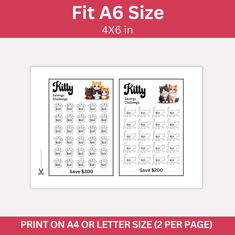 Kitty Cats Savings Challenge Printable, Mini Kitty A6 Size Saving
