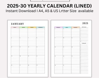 2025 To 2030 Monthly Lined Calendar Printable, Dated Month on 2 Pages, 2025 to 2030 Month At a Glance | A4/A5/Letter/Half | Instant Download