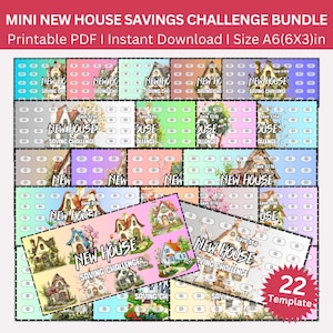 May include: A printable PDF bundle of 22 colorful savings challenge templates featuring a house theme. Each template has a different savings goal amount, ranging from $130 to $550. The templates are designed to help people save money for a new house.