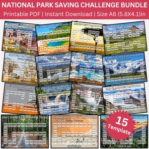 May include: A bundle of 15 printable PDF saving challenges, each themed around a different National Park. The templates are designed in A6 size (5.8x4.1 inches) and feature various savings amounts.