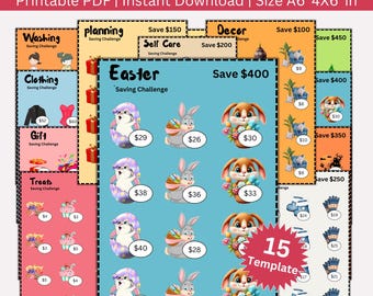 May include: A printable PDF bundle of 15 Easter-themed savings challenge templates. Each template features a different amount to save, with cute bunny illustrations. The bundle is designed for A6 size paper, measuring 4x6 inches.