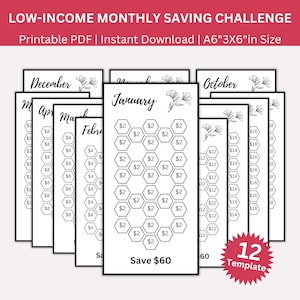 Monthly Low Income Saving Challenge Printable, Mini A6 Saving Challenge, Money Savings Tracker Bundle, Budget Binder, Envelope Challenge