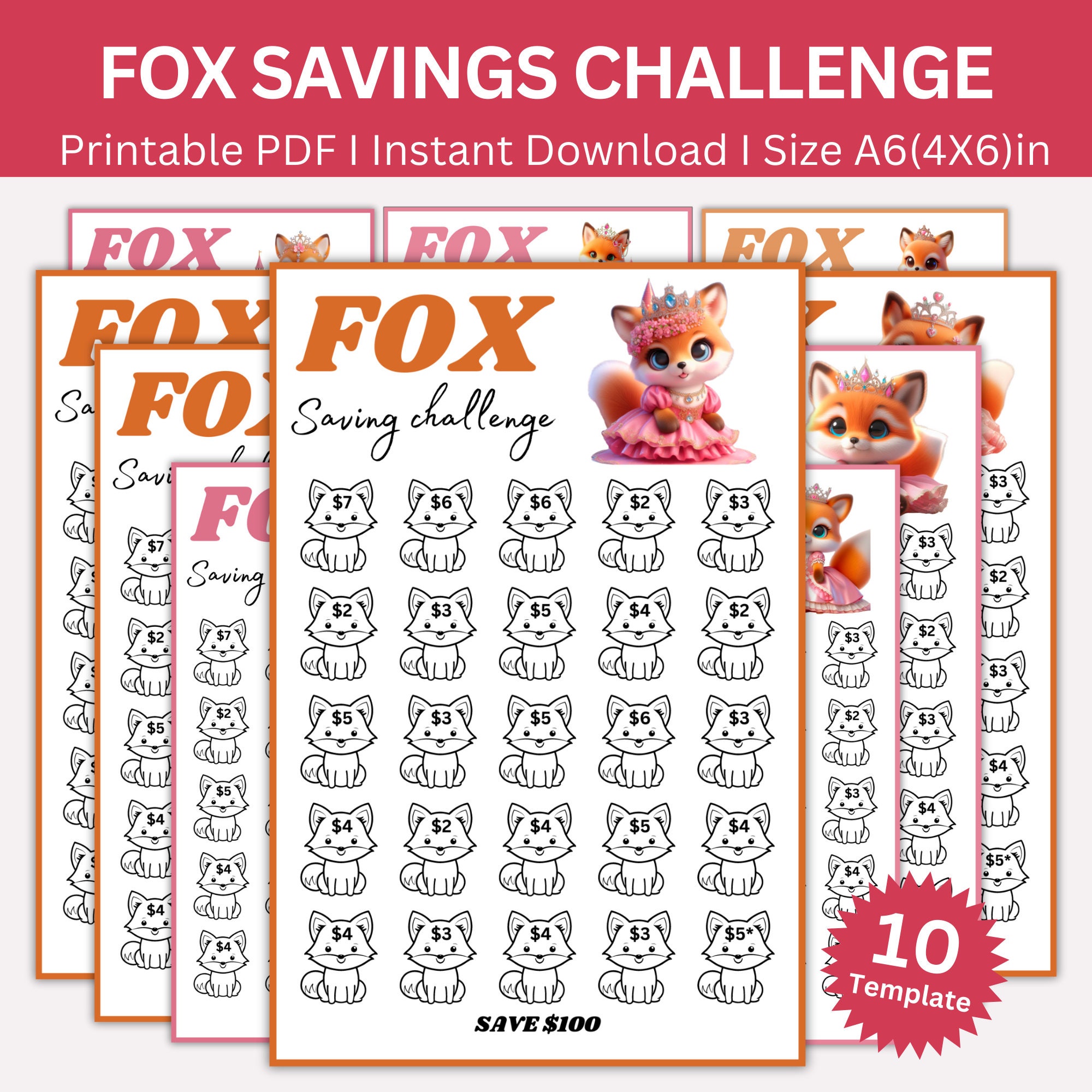 Fox Savings Challenge Printable, Mini A6 Animals Saving Challenges, Fox Money Saving Tracker, Cash Envelopes, Animal Budget Binder