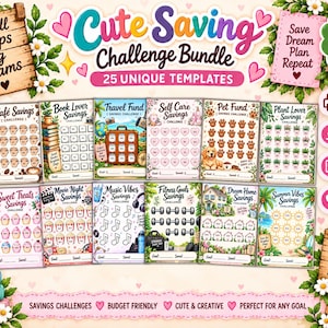 May include: A Cute Saving Challenge Bundle featuring 25 unique A6 size templates, 4.1 by 5.8 inches. The collection includes various themed savings trackers like Cafe, Book Lover, Travel, Self Care, Pet, Plant, Sweet Treats, Movie, Music, Fitness, Dream Home, and Summer Vibes.