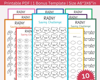 May include: Ten printable rainy day saving challenge templates. Each template features a different design with clouds, umbrellas, and paper boats. The templates are designed to help people save money. The text on the templates reads "Rainy Saving Challenge" and "Save $500".